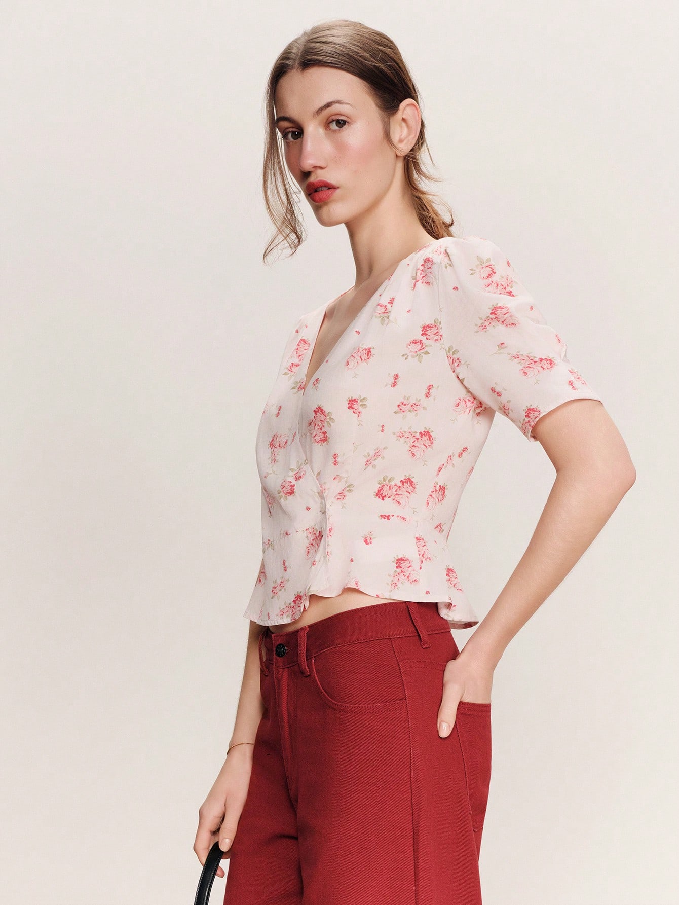 Pink Floral Wrap Blouse With Short Sleeves And Waist Tie Spring Summer French Style Parisian Style Business Casual Office Outfit Pink Flower Top Blouse For Women Summer