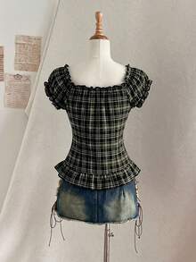 Attitoon Áo kiểu trễ vai màu nâu cà phê kẻ caro viền bèo nhún, áo nữ dễ thương - Màu xanh lá cây đậm - Xem 9