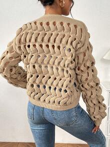 Chiquease 时尚休闲小众3D立体纹理秋冬粗针织镂空开衫毛衣（女款） - 卡其色 - 查看 3
