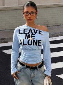 Muchica 女士字母印花斜肩收腰短款蓝色长袖T恤 - 藍色 - 查看 6