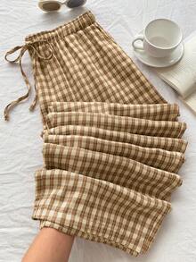Comfortcana Beige,Summer,Casual,Picnic Women's Plaid Wide Leg Pants,Plus Size Countryside Style Checkered Trousers,Pleated Loose Drawstring Waist Yellow Bottoms - Multicolor - View 3