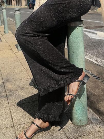 FRIFUL Women's Casual Fashion Street Daily Commute Ruffle Hem Flare Pants