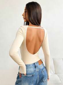INAWLY Women's Solid Color Backless Boat Neck Long Sleeve T-Shirt - Apricot - View 2