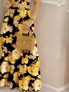 INAWLY 女士度假休闲风印花吊带背心上衣和半裙套装 - 黑色 - 查看 3