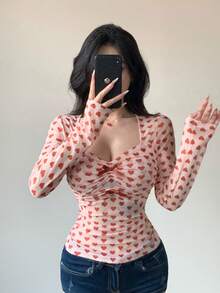 DAZY 蝴蝶结装饰修身网纱上衣，心形印花，交叉扭结设计，休闲甜美女孩音乐节T恤，长袖，粉色夏季 - 粉色 - 查看 4