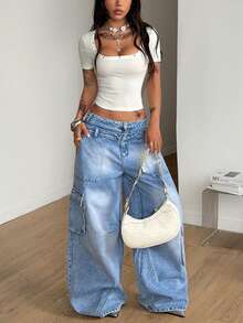 Coolane Camiseta de manga corta tipo bustier elástica de punto acanalado con remaches, estilo casual básico para uso diario, streetwear Y2K, para mujer, primavera/verano, concierto - Blanco - Ver 5