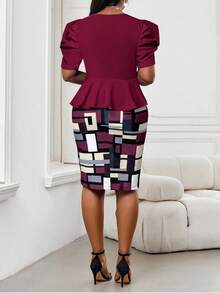 SHEIN Lady 春夏秋冬优雅派对婚礼酒会圣诞节多彩紫色V领主教袖加大码套装两件套女士教师装女士商务休闲女士两件套女士商务休闲女士办公室装女士两件套 - 彩色 - 查看 3