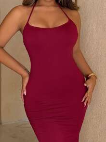 Maria Perezxox 1pc Women Solid Color Mermaid Hem Long Elegant Halter Neck Dress Maxi Women Outfit Party - Rose Red - View 6