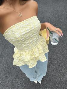 Siren Gaze Women's Elegant Jacquard Ruffle Hem Bandeau Top, Summer Yellow Summer Top Yellow Strapless Top Yellow Top Yellow Floral Top Yellow Peplum Top - Yellow - View 2
