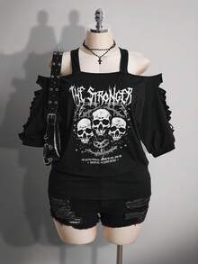 SHEIN ICON Áo thun nữ cỡ lớn in hình đầu lâu và chữ cái, kiểu dáng thường ngày, phong cách giản dị. - màu đen - Xem 1