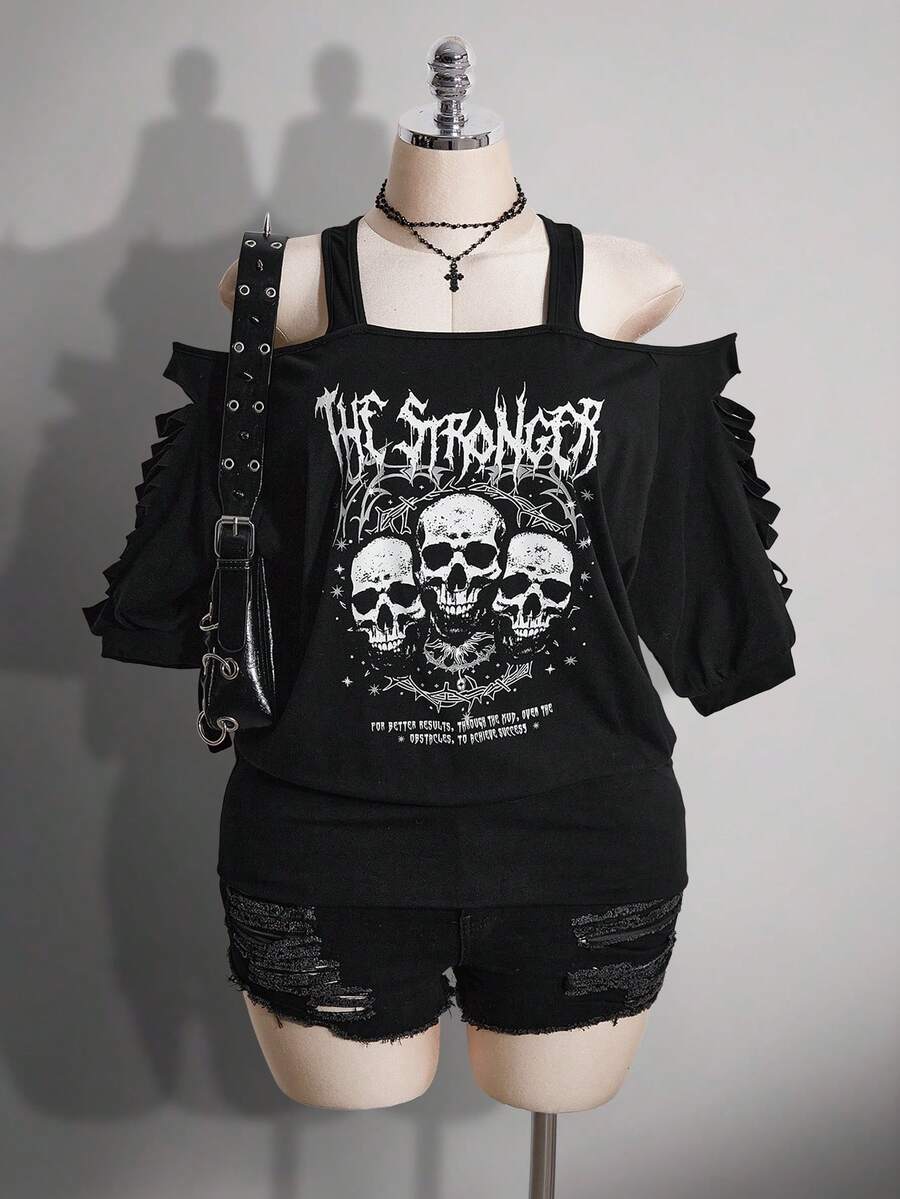 SHEIN ICON Áo thun nữ cỡ lớn in hình đầu lâu và chữ cái, kiểu dáng thường ngày, phong cách giản dị. - màu đen - Xem 1