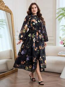 Modelyn Floral Print Stand Collar Long Sleeve Loose Regular Dress, Plus Size, Spring/Autumn - Multicolor - View 5