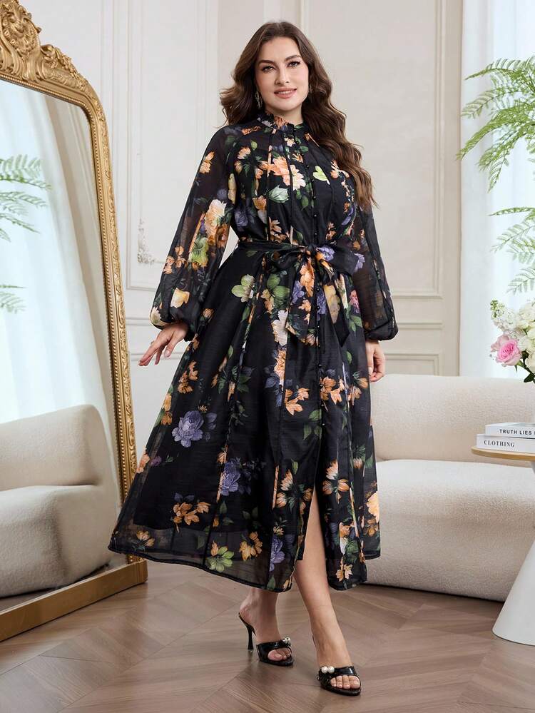 Modelyn 印花立领长袖宽松连衣裙，大码，春秋季 - 彩色 - 查看 5