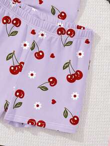 奶油紫色可爱樱桃爱心印花，复古休闲度假风可爱Y2K，少女休闲简约短袖短裤两件套，适合夏季、春季和夏季外出穿着，轻松舒适，时尚女孩，休闲装，儿童印花服装，别致，新潮，返校季，观点，休闲，Y2K服装，开学季服装 - 彩色 - 查看 5