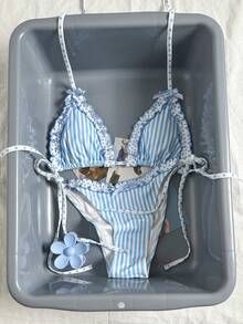 Swim Mod Bộ bikini 2 món họa tiết chấm bi ngẫu nhiên, trang trí nơ, kiểu áo ngực tam giác buộc dây cổ và quần bơi buộc dây bên hông, gợi cảm, thích hợp cho kỳ nghỉ hè/xuân ở bãi biển. - Xanh và trắng - Xem 2