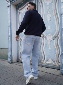 LEOGASHI LEOGASHI 男士 Y2K 直筒休闲水洗牛仔裤，简约黑色牛仔裤 - 淺色水洗藍 - 查看 6