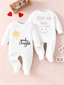 SHEIN 2-Pack Newborn Pajamas&Loungewear Set,Cute White Star-Moon Print Good Night Slogan Soft Fabric,Autumn Spring&Summer Lounge Pajamas For Infant - Multicolor - View 3