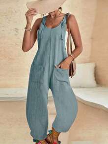 EMERY ROSE 女士休闲纯色口袋连体裤 - 藍色 - 查看 2