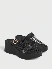Sugerpunk Women's Mesh Closed Toe Wedge Heel Platform Shoes Daily Dark Academy Platform Shoes Summer Comfortable Black Platform Shoes Summer Shoes - Black - View 3