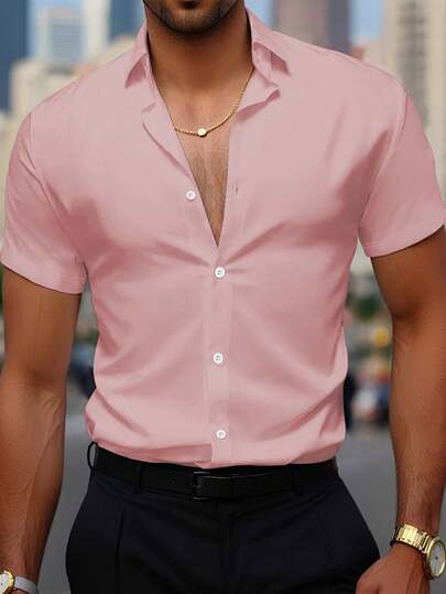 Manfinity قميص رجالي أحادي اللون ذو ياقة منقلبة وأزرار أمامية، قميص كاجوال متعدد الاستخدامات للارتداء اليومي، قصير الأكمام