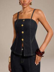 Normani Áo hai dây denim xẻ tà cài cúc phía trước thời trang mùa hè dành cho nữ - Rửa tối - Xem 4