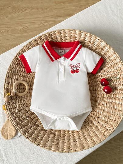 SHEIN Playful Pals Pelele bordado con flores para bebé niña, de cuello plano y puños, con botones delanteros, para verano