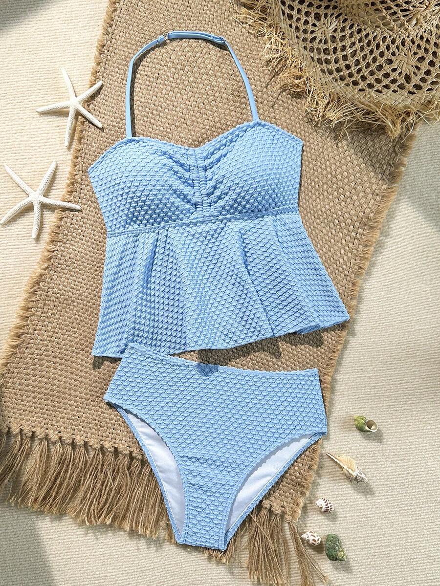 SHEIN 少女款可爱针织提花面料吊带荷叶边下摆泳衣两件套，欧美时尚精致休闲优雅女士款，适合游泳、海滩、度假、夏季穿着 - 藍色 - 查看 1