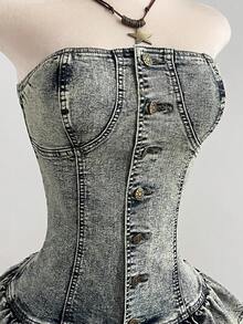 Elamini Women's Summer Washed Front Button Ruffle Hem Tube Top Denim Dress - Dark Wash - View 4