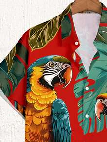 VIVINTIMO Camisa casual de uso diario versátil de solapa única con estampado floral y de loro para hombres - Rojo - Ver 3