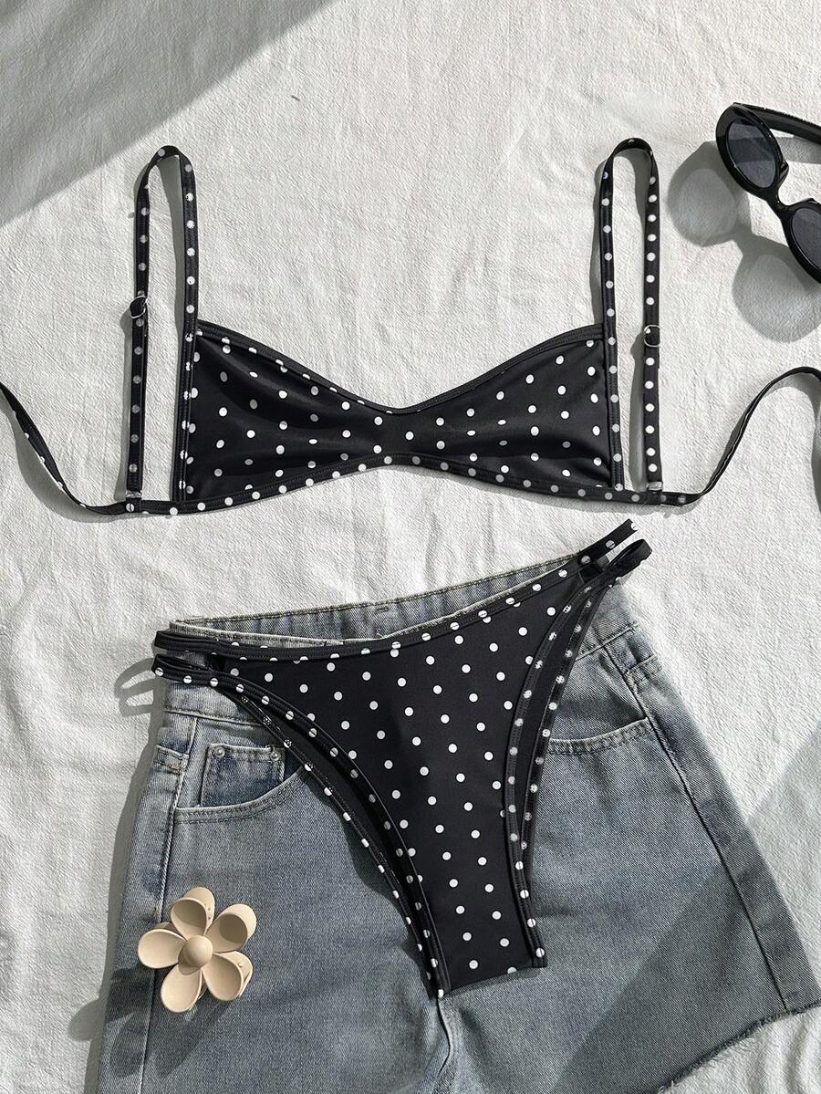 Swim Mod Conjunto de bikini de dos piezas con tirantes finos, de color negro con lunares blancos, traje de baño sexy para vacaciones de verano - Multicolor - Ver 1