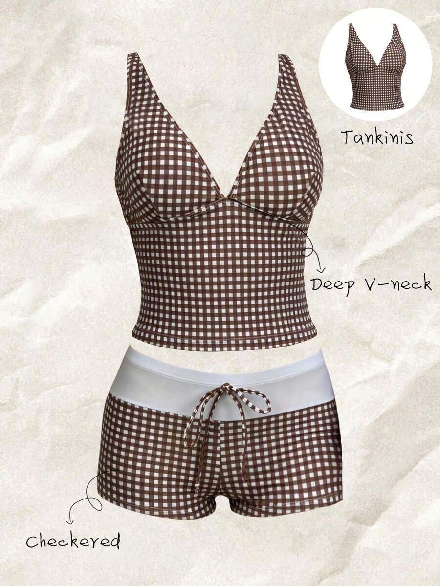 Elavelle 女士随机印花深V领吊带比基尼上衣，春夏款 - 咖啡棕 - 查看 1