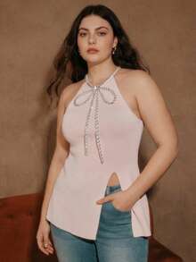 Anewsta Summer Elegant Rhinestone Bowknot Decor Sleeveless Midi Slit Knit Tank Top, Pink, Off The Shoulder, Suitable For Party, Plus Size - Pink - View 4