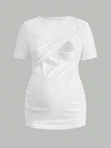 Modmama 3pcs/Set Pregnant Women Solid Color Ruched Nursing Function Casual Daily Short Sleeve Tops - Baby Blue - View 13