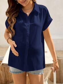 SHEIN Maternity Solid Color Short Sleeve Single-Breasted Casual Shirt - Royal Blue - View 4