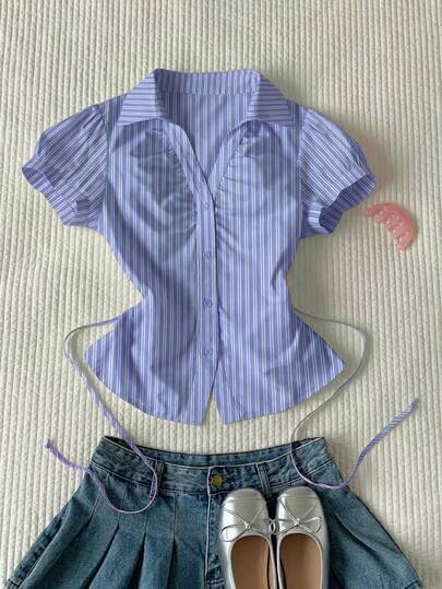 Comfortcana 女士蓝色条纹短款泡泡袖单排扣休闲衬衫，夏季服装