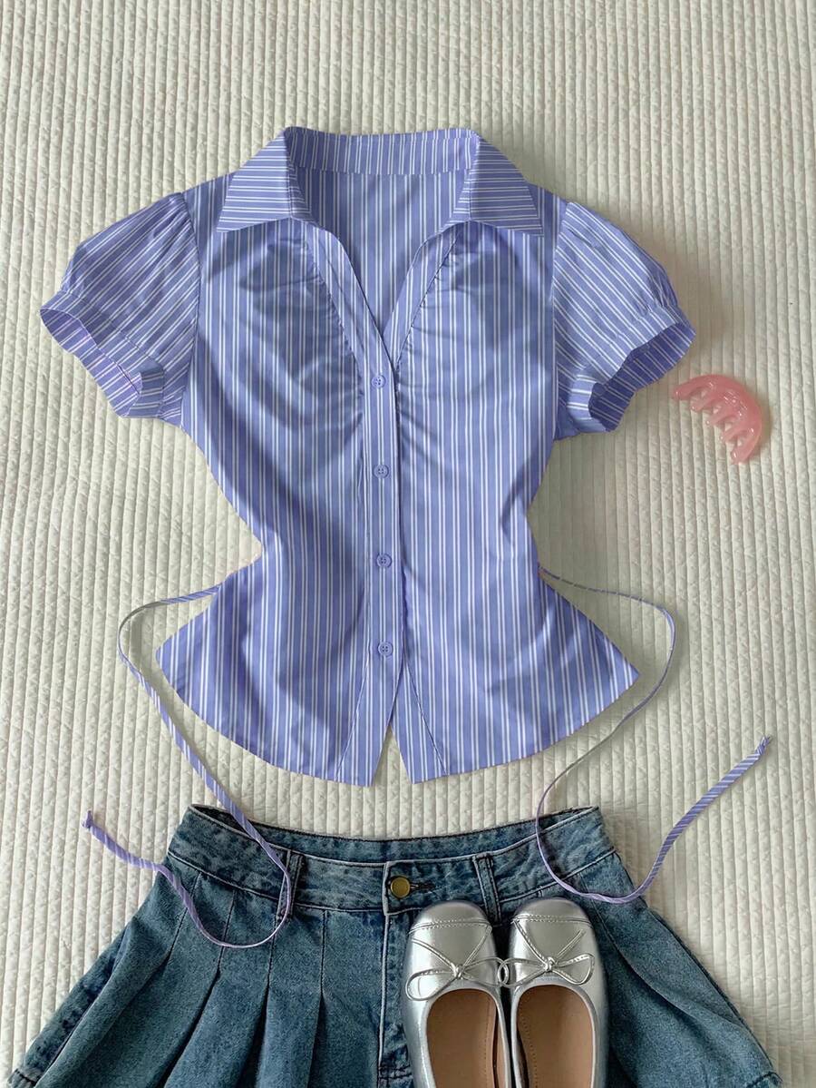 Comfortcana 女士蓝色条纹短款泡泡袖单排扣休闲衬衫,夏季服装 - 藍色 - 查看 1