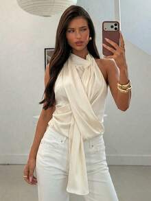 Aloruh Minimalist High-End Neck Hanging Drape Design Collar Fitted Satin Apricot Women Tank Top - Apricot - View 1