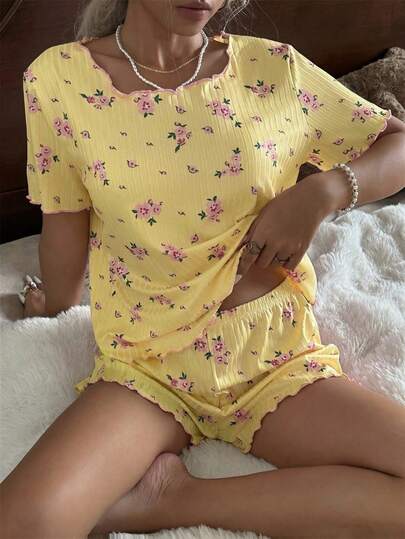 CottageSlumber Floral Rib Knit Loose Fit Short Sleeve & Shorts Pajama Set For Women
