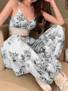 Pariaura Petite 2 Stücke/Set Damen Blumen Muster Crop Top und Hohe Taille Weite Bein Hose 2 Teiliges Set lässig Outfit für Frauen 2 Stücke Outfit - Schwarz - Übersicht 3