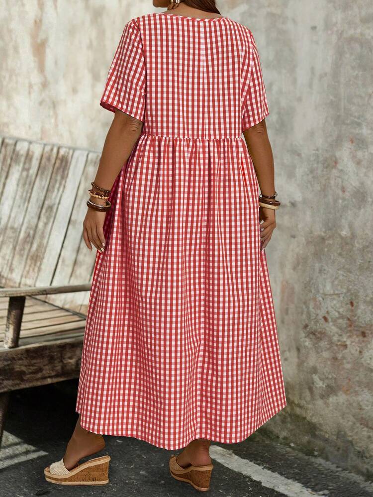 Plus Size Women's Summer Yellow Plaid Round Neck Short Sleeve Loose Long Cute Doll Dress With Pockets Women Casual Dresses Women's Summer Dresses Summer Dress Summer Outfits Summer Clothes Spring Dress Spring Outfit Women Spring Clothing Country Style For Women Country Dress For Women Vacation Outfits Women Festival Outfits For Women Beach Outfits For Women