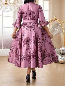 Fleurora Spring And Summer Autumn And Winter Elegant Party Evening Wedding Cocktail Party Wedding Purple Belted Bell Sleeve A Line Dress Plus Size Co-Ords Fall - Multicolor - View 3