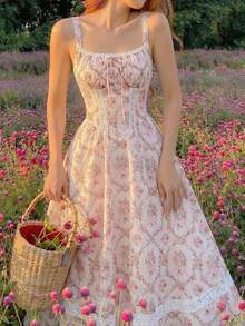 SHEIN MOD Women's Elegant Floral Print Mid-Length Dress, Summer - Pink - View 1