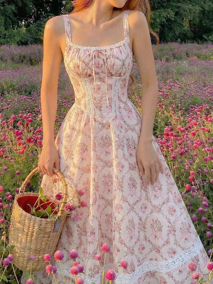 SHEIN MOD Women's Elegant Floral Print Mid-Length Dress, Summer - Pink - View 1