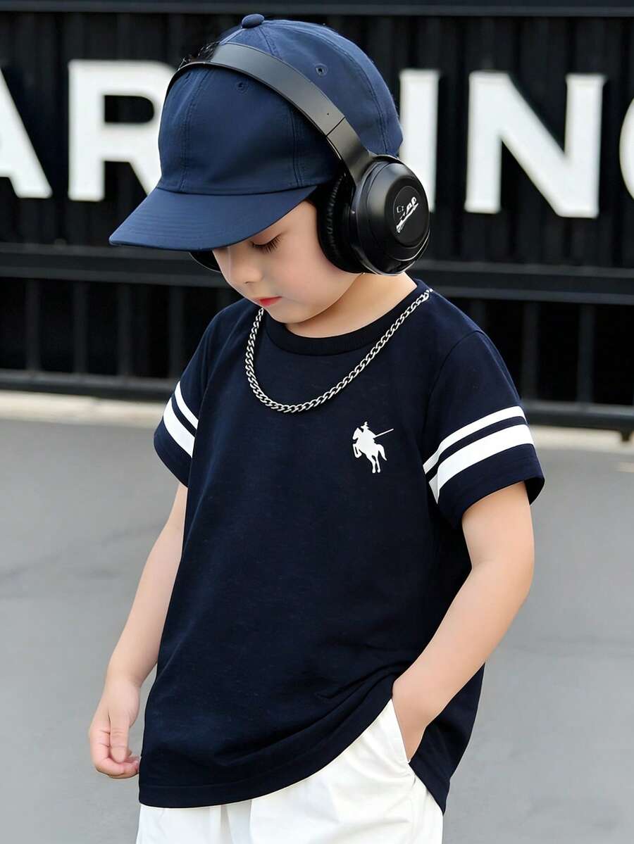 1pc Young Boy Casual Round Neck Printed & Embroidered T-Shirt, Dual Side Stripe Design For Sporty Look, Suitable For Daily Commute, Outdoor Sports, Spring/Summer Outing, Back To School Young Boys Clothes - Navy Blue - View 1