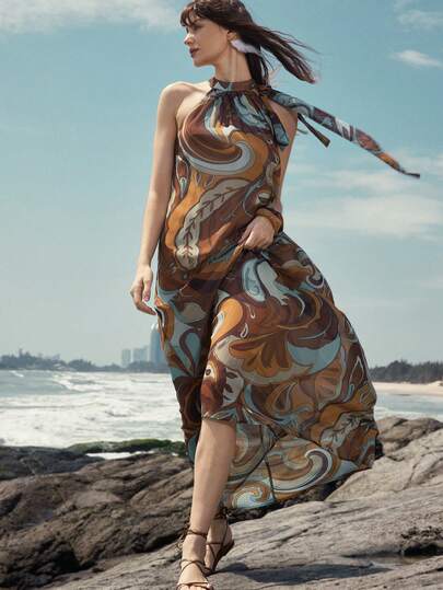 Aveloria Modichic Bohemian Style Chiffon Printed Halter Neck Tie Sleeveless Dress