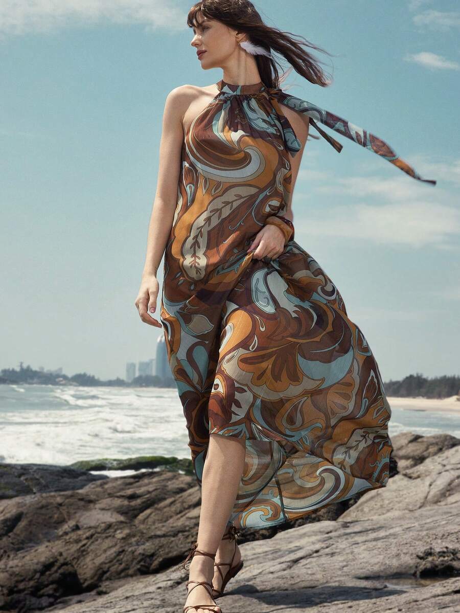 Aveloria Modichic Bohemian Style Chiffon Printed Halter Neck Tie Sleeveless Dress - Multicolor - View 1