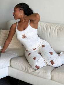 Tyla Gomez 2件套女士熊印花吊带背心上衣和裤子套装 - 杏色 - 查看 4