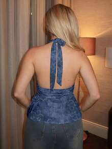Brown Boho Halter Backless Babydoll Top For Spring To Summer - Blue - View 2