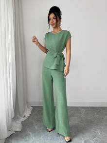 Elenzga Áo sơ mi nữ thanh lịch, màu xanh dương, xếp ly, eo điều chỉnh được, thắt nơ + Quần ống rộng, cạp cao, có túi, thanh lịch, phù hợp cho công sở - màu xanh lá - Xem 5