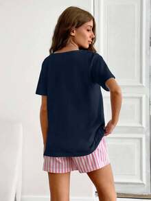 SHEIN Cottnline 2pcs/Set Women's Pure Cotton Printed Shorts And Slogan Print Top Loungewear Pajama Set - Navy Blue - View 2